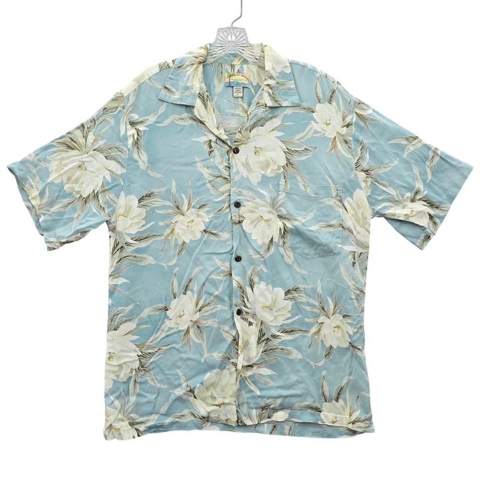 Tropical Group Blue Beach Palm Tropical Surf Island Vintage Hawaiian Shirt Large